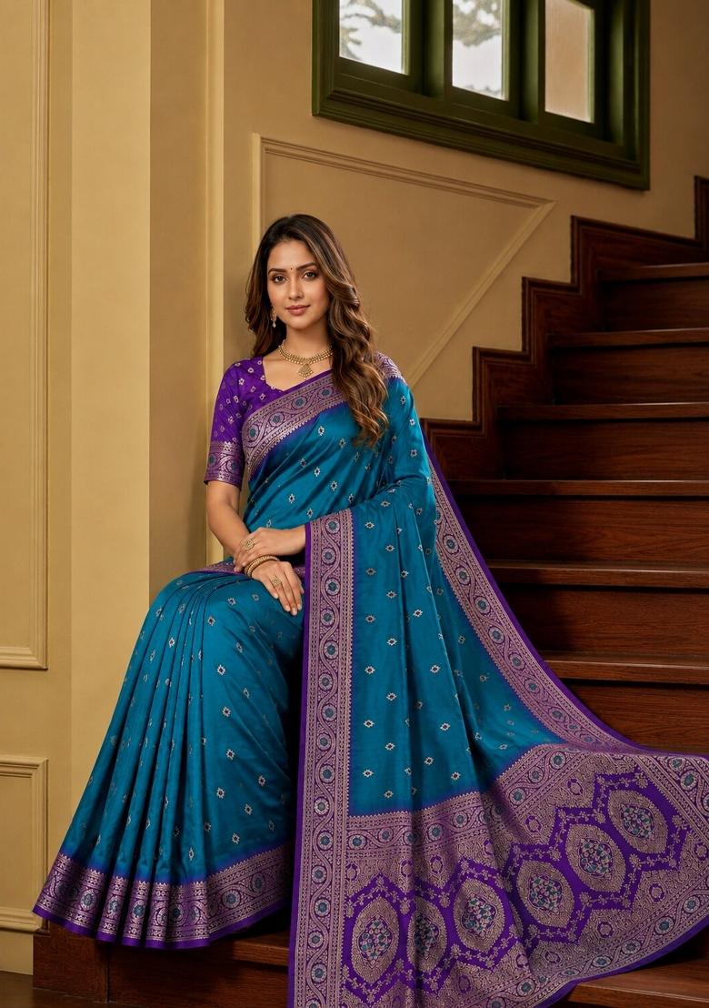 Teal Woven Design Banarasi Saree Set - Indya
