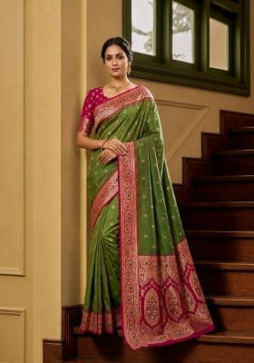 Green Woven Design Banarasi Saree Set