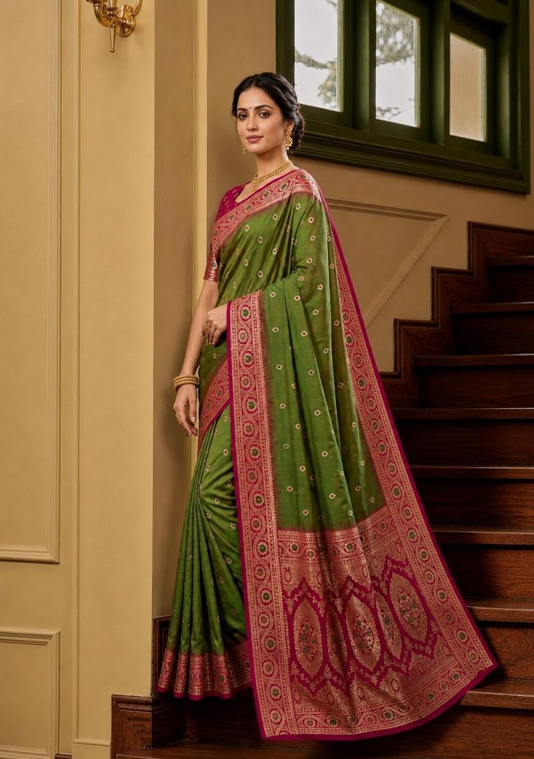 Green Woven Design Banarasi Saree Set - Indya