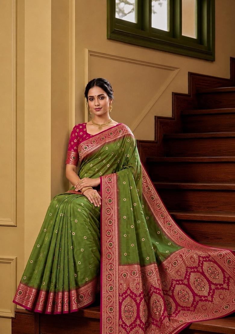 Green Woven Design Banarasi Saree Set - Indya