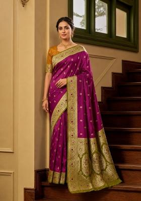 Wine Woven Design Banarasi Saree Set