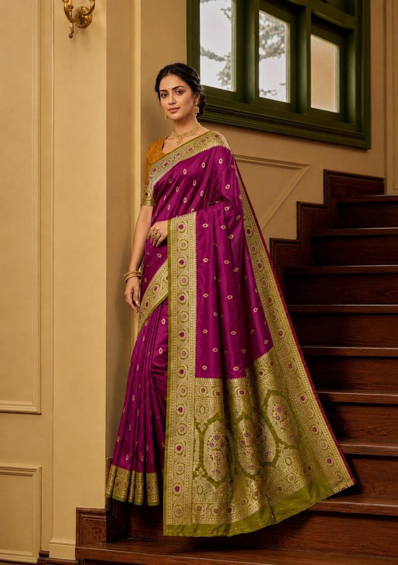Wine Woven Design Banarasi Saree Set - Indya