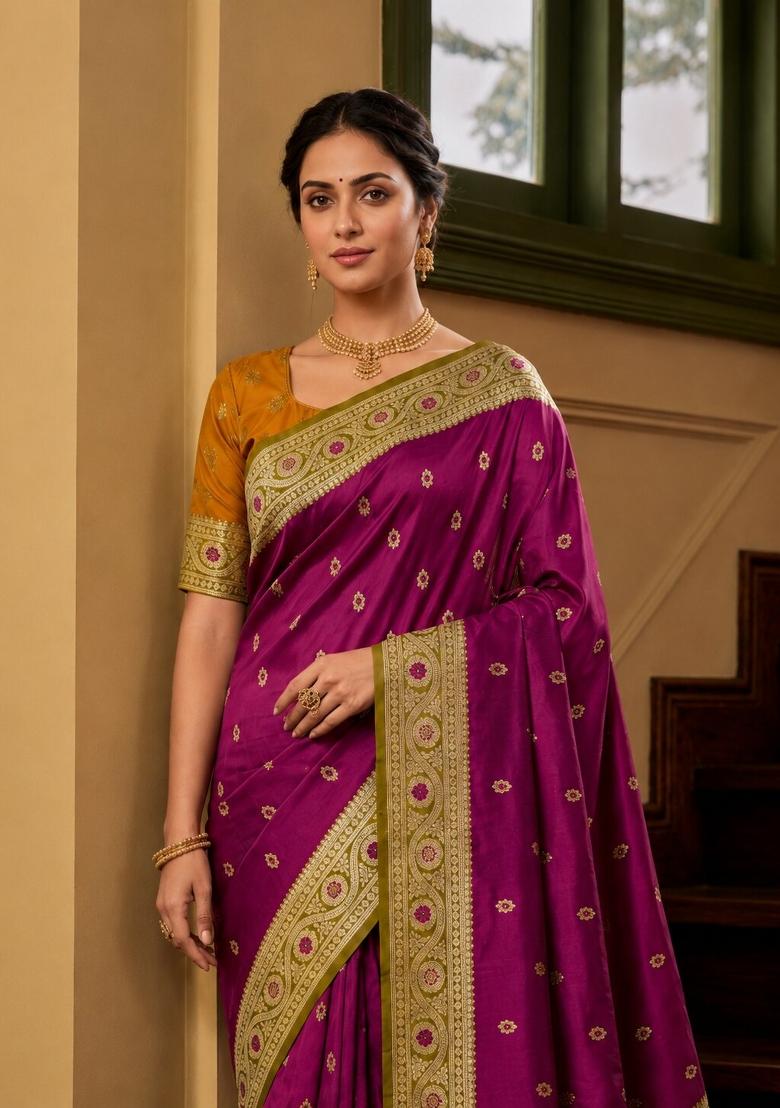 Wine Woven Design Banarasi Saree Set - Indya
