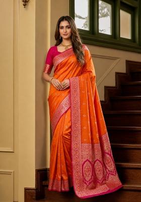 Orange Woven Design Banarasi Saree Set