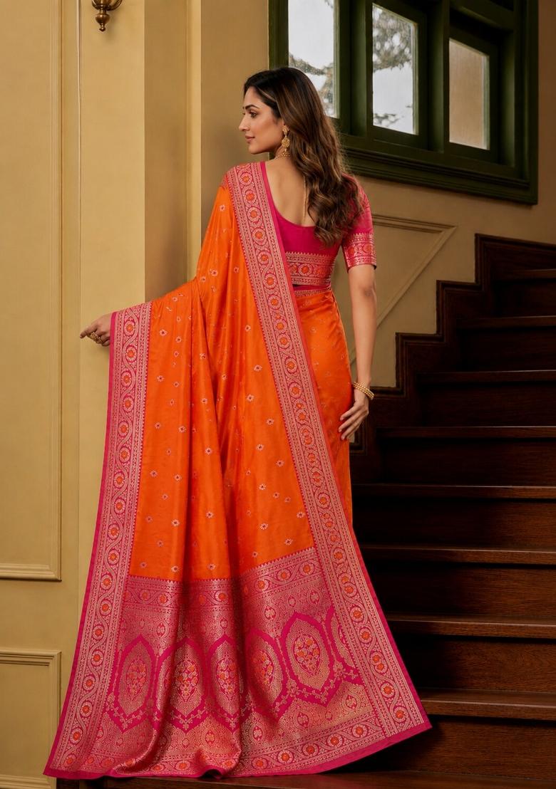 Orange Woven Design Banarasi Saree Set - Indya
