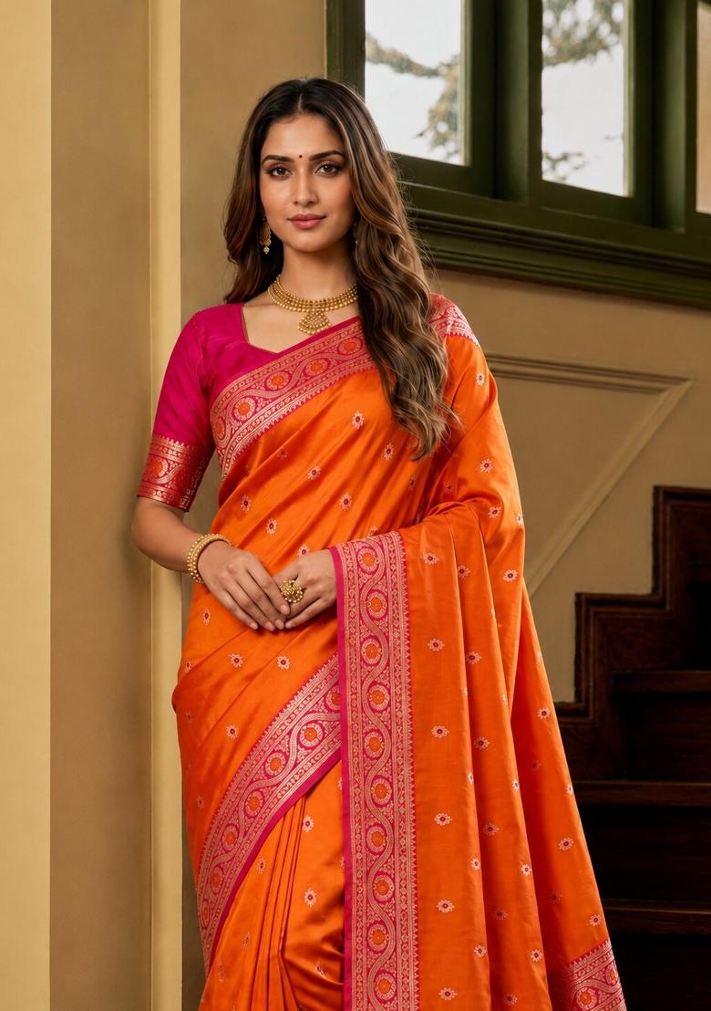 Orange Woven Design Banarasi Saree Set - Indya