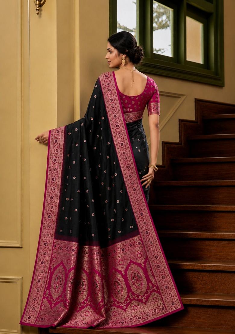 Black Woven Design Banarasi Saree Set - Indya