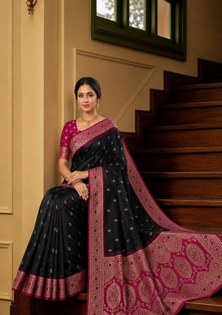 Black Woven Design Banarasi Saree Set - Indya