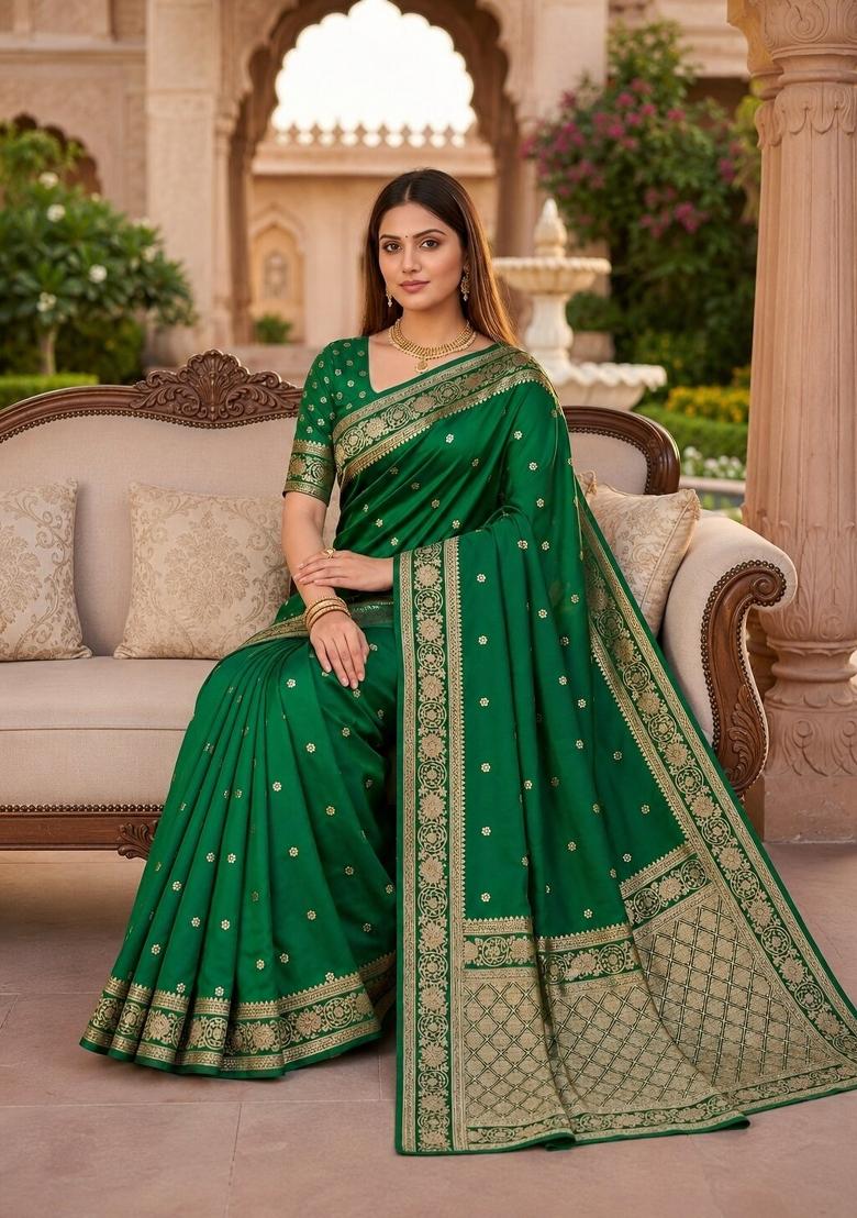 Green Woven Design Banarasi Saree Set - Indya