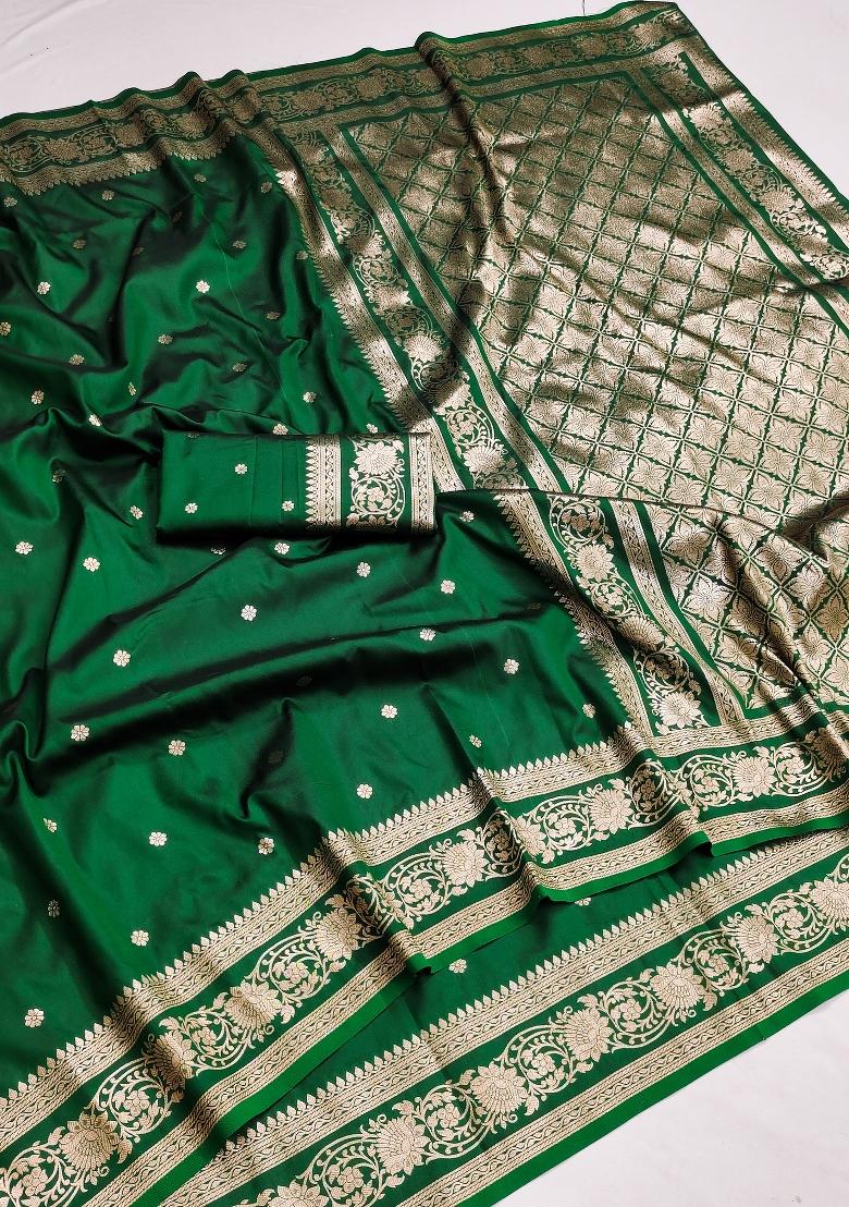 Green Woven Design Banarasi Saree Set - Indya