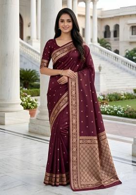 Wine Woven Design Banarasi Saree Set