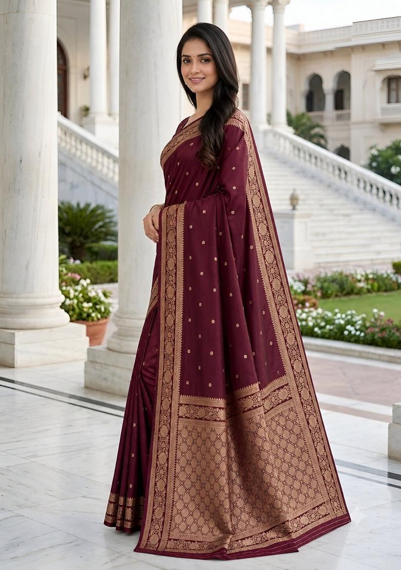 Wine Woven Design Banarasi Saree Set - Indya