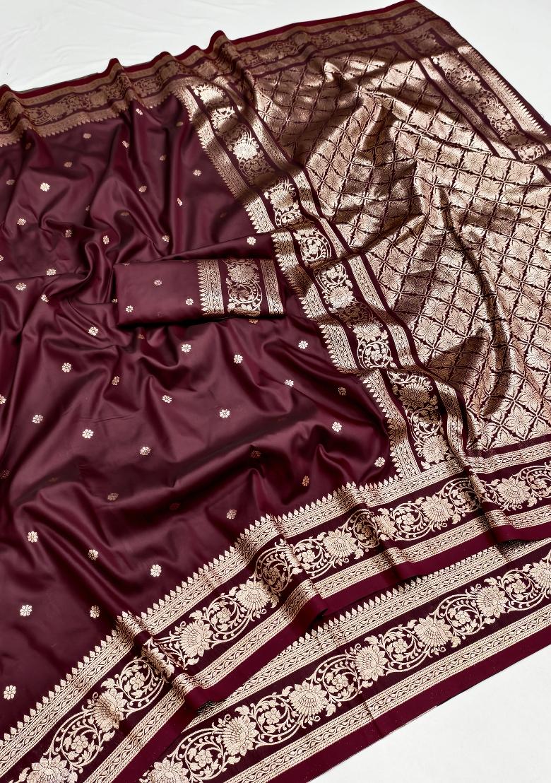 Wine Woven Design Banarasi Saree Set - Indya