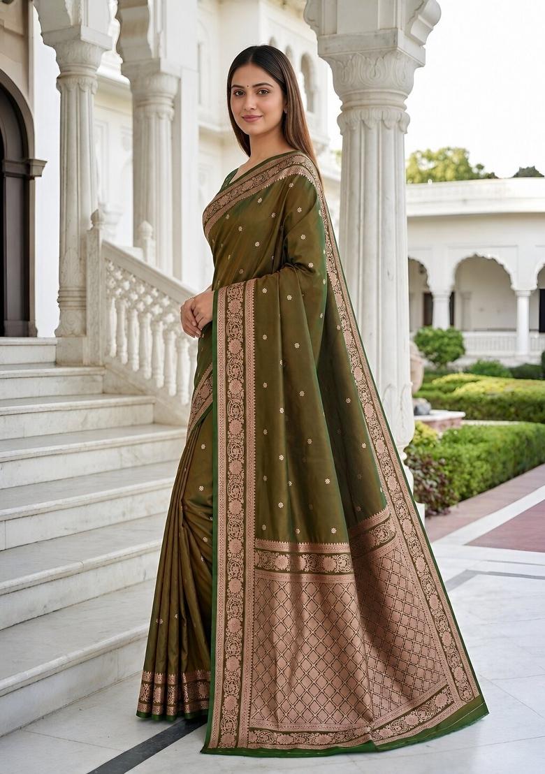 Green Woven Design Banarasi Saree Set - Indya