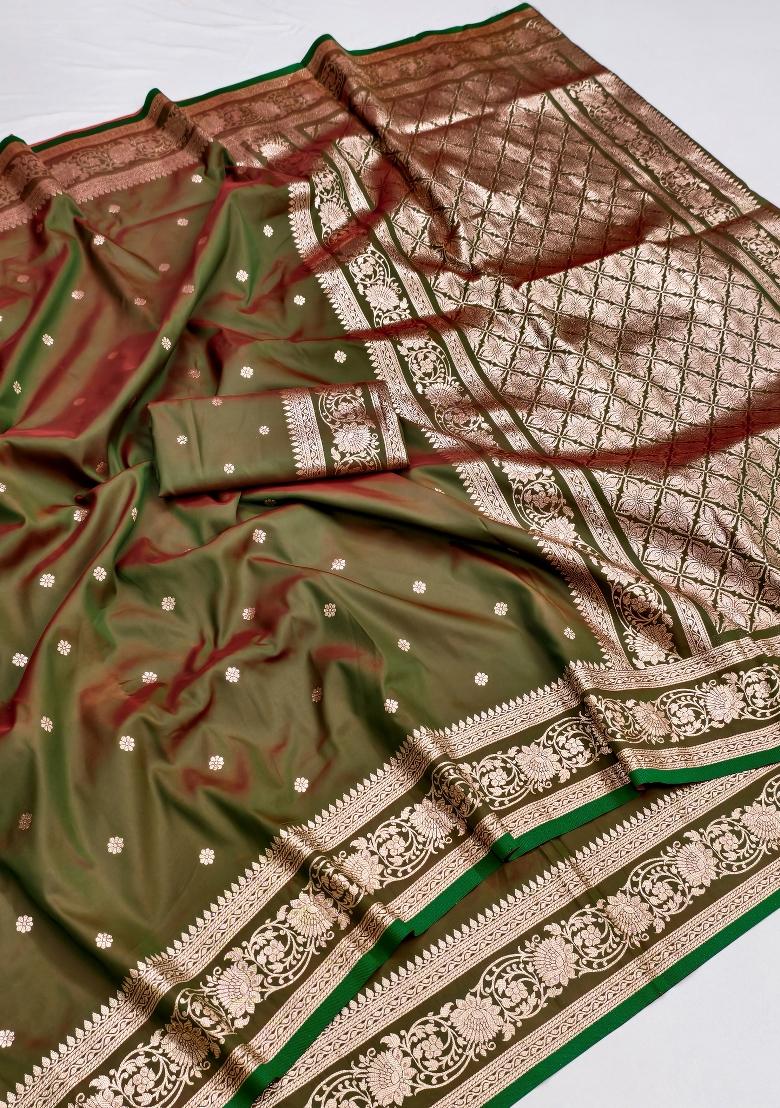 Green Woven Design Banarasi Saree Set - Indya