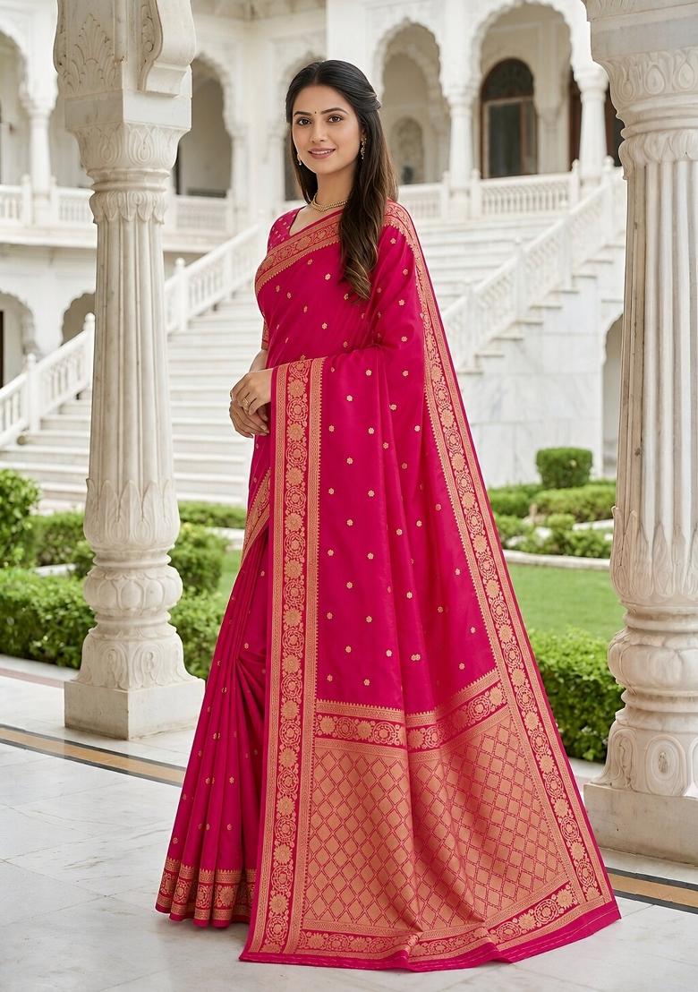 Pink Woven Design Banarasi Saree Set - Indya