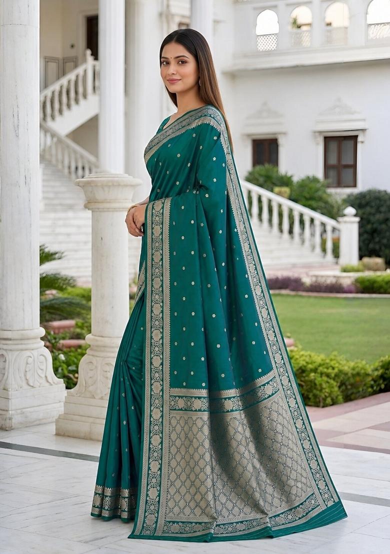 Sea Green Woven Design Banarasi Saree Set - Indya