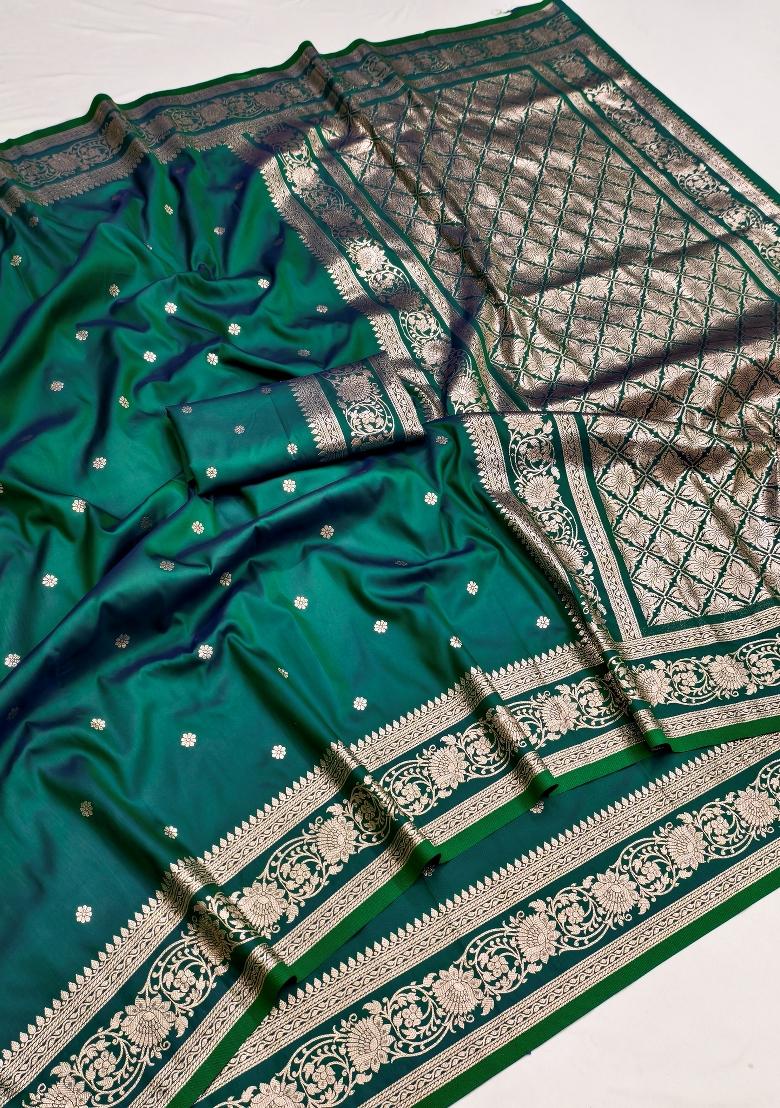 Sea Green Woven Design Banarasi Saree Set - Indya