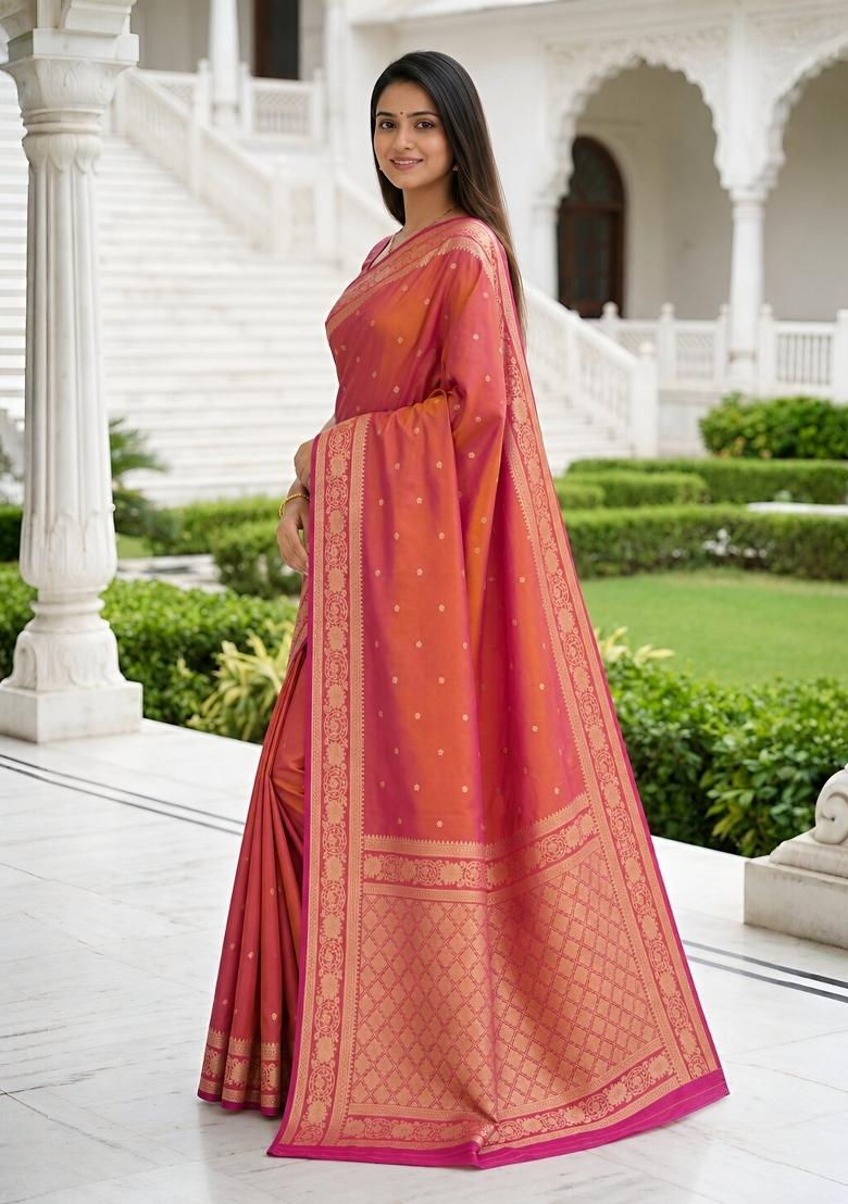 Peach Woven Design Banarasi Saree Set - Indya