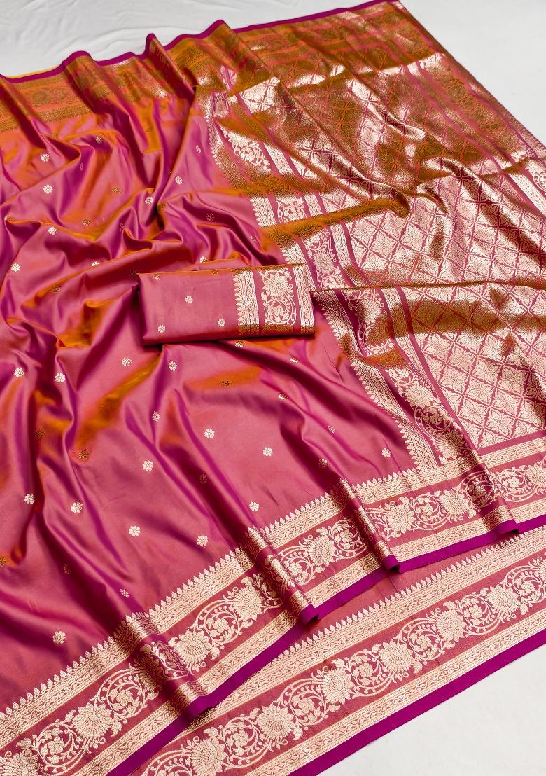 Peach Woven Design Banarasi Saree Set - Indya