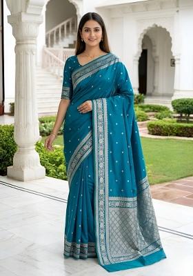 Teal Woven Design Banarasi Saree Set