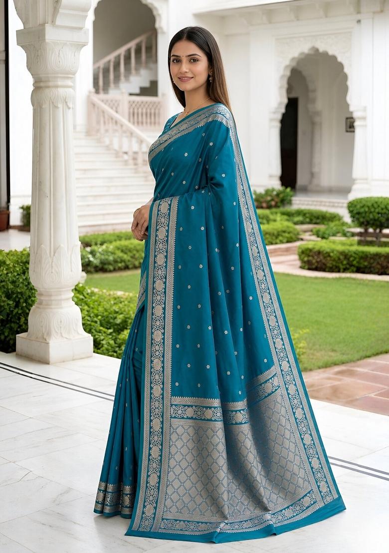 Teal Woven Design Banarasi Saree Set - Indya