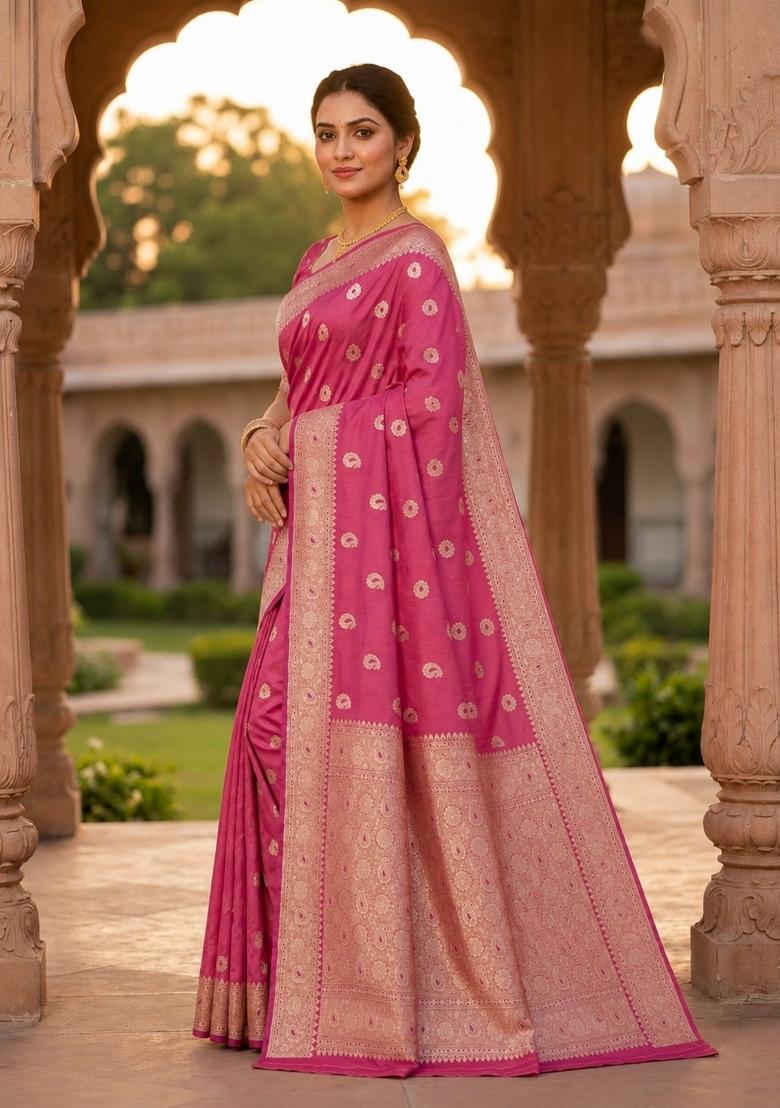Pink Woven Design Banarasi Saree Set - Indya
