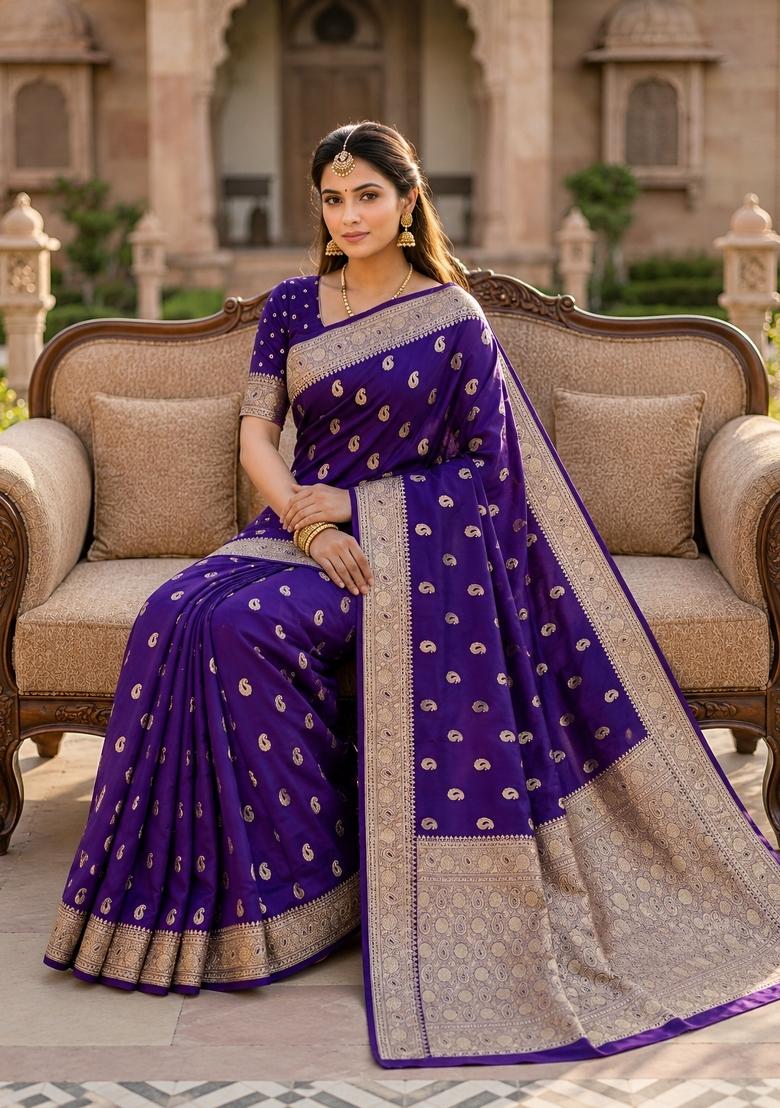 Purple Woven Design Banarasi Saree Set - Indya