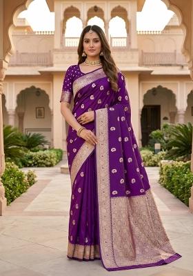 Wine Woven Design Banarasi Saree Set