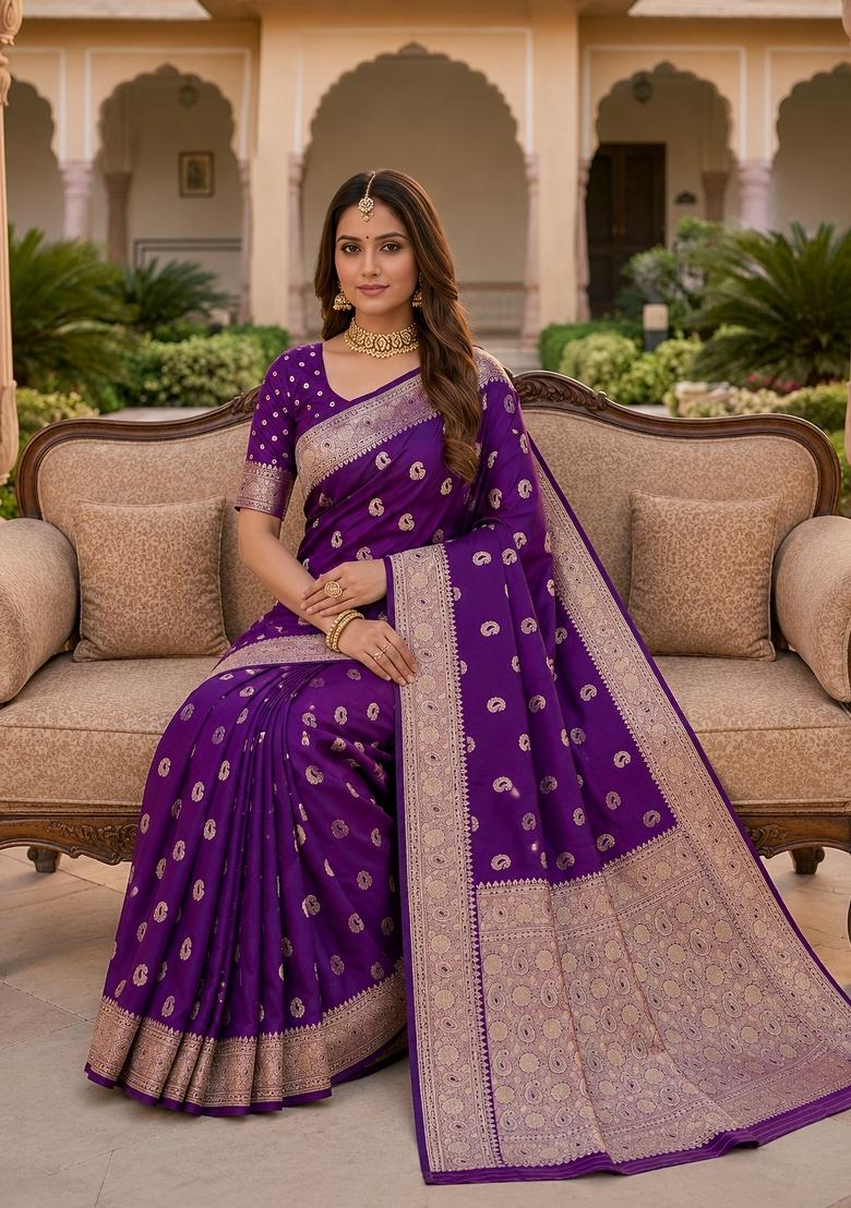 Wine Woven Design Banarasi Saree Set - Indya