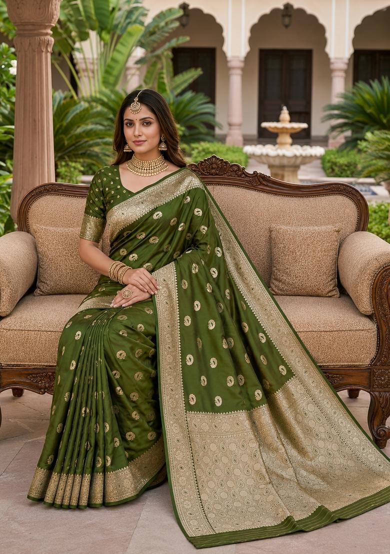 Green Woven Design Banarasi Saree Set - Indya