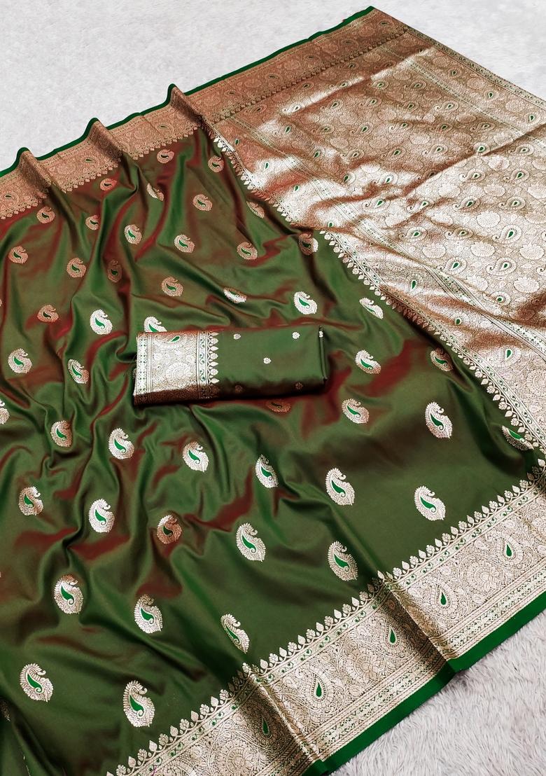 Green Woven Design Banarasi Saree Set - Indya