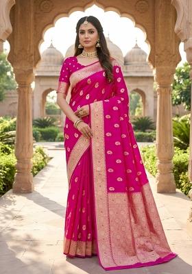 Pink Woven Design Banarasi Saree Set