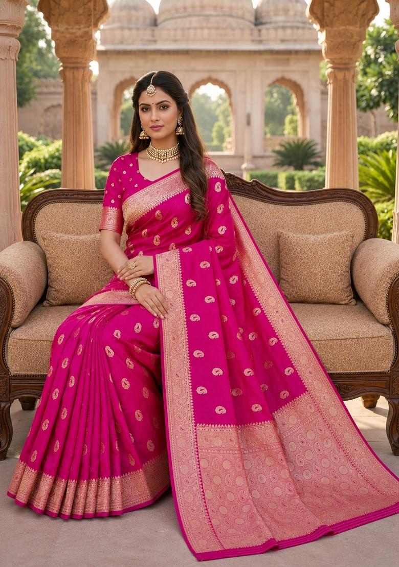 Pink Woven Design Banarasi Saree Set - Indya