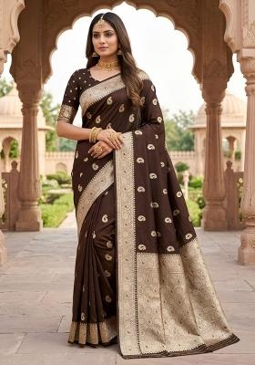 Coffee Woven Design Banarasi Saree Set