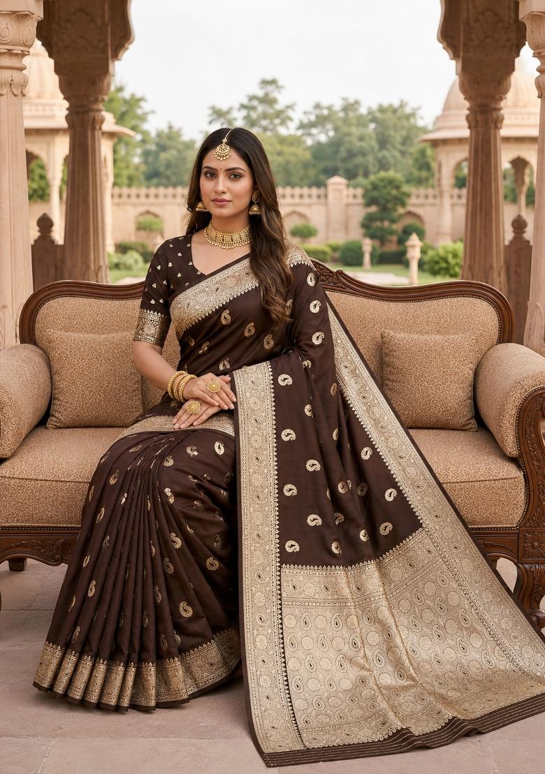 Coffee Woven Design Banarasi Saree Set - Indya