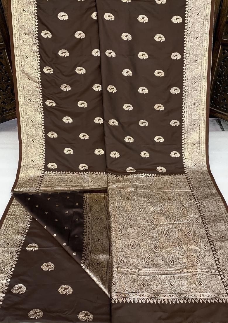 Coffee Woven Design Banarasi Saree Set - Indya