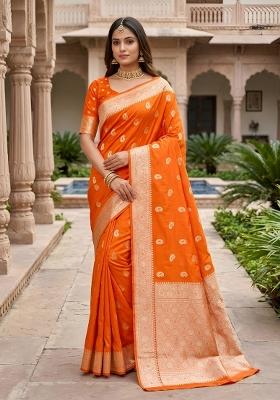 Orange Woven Design Banarasi Saree Set
