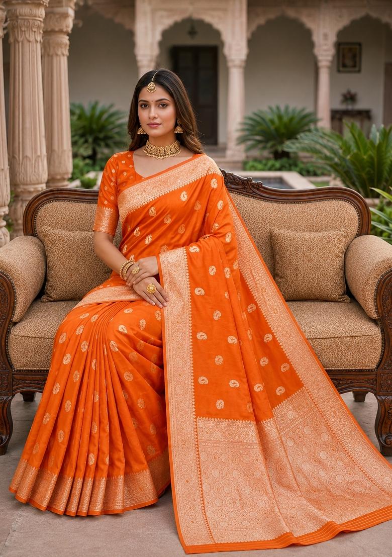 Orange Woven Design Banarasi Saree Set - Indya