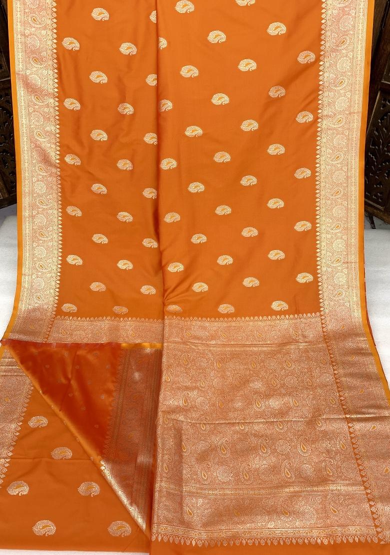 Orange Woven Design Banarasi Saree Set - Indya