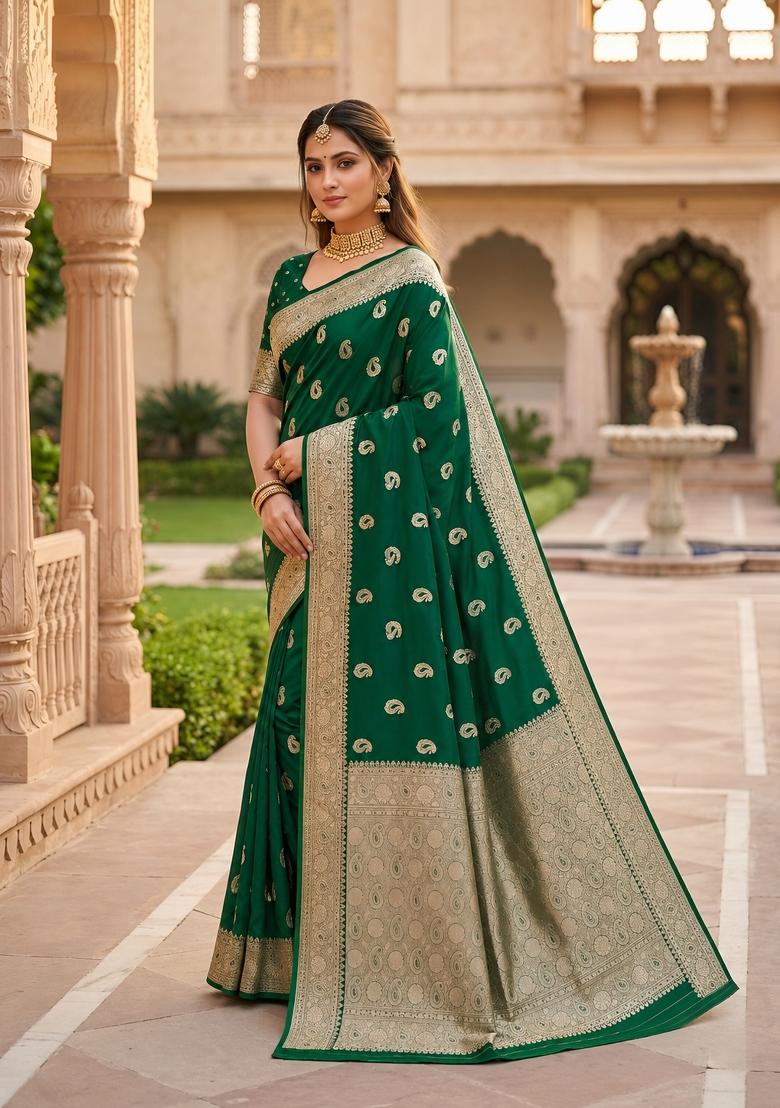 Sea Green Woven Design Banarasi Saree Set - Indya