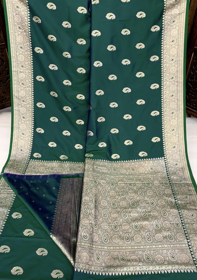 Sea Green Woven Design Banarasi Saree Set - Indya