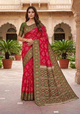 Pink Woven Design Silk Saree Set