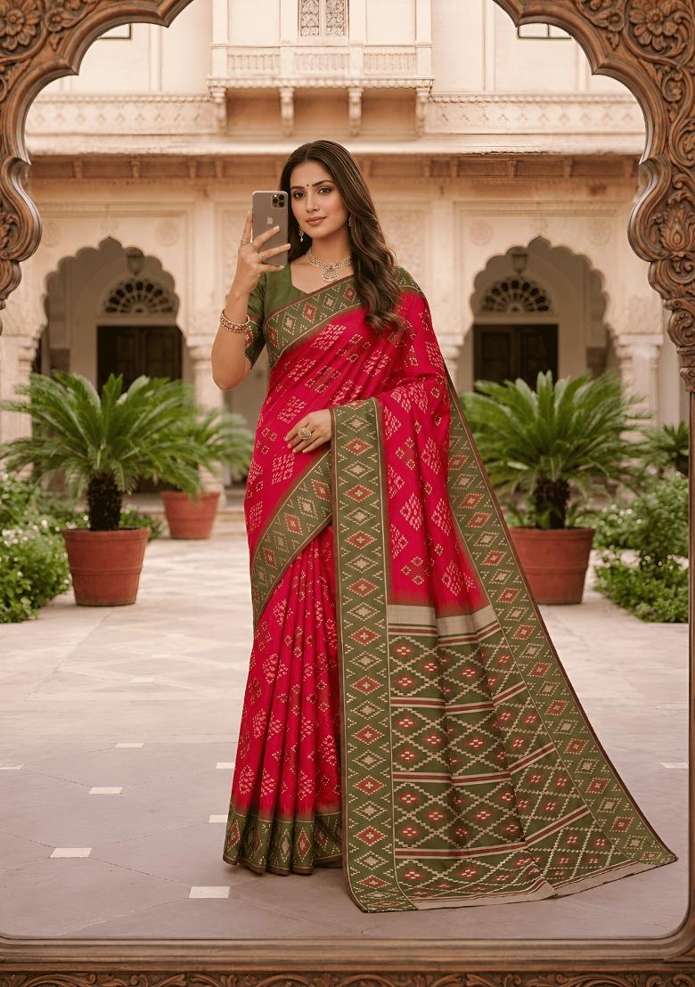 Pink Woven Design Silk Saree Set - Indya