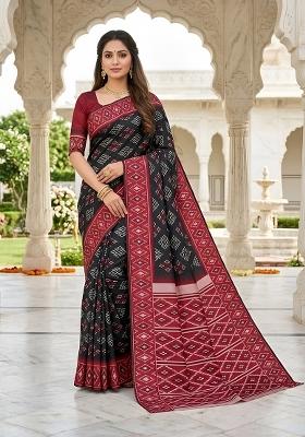 Black Woven Design Silk Saree Set