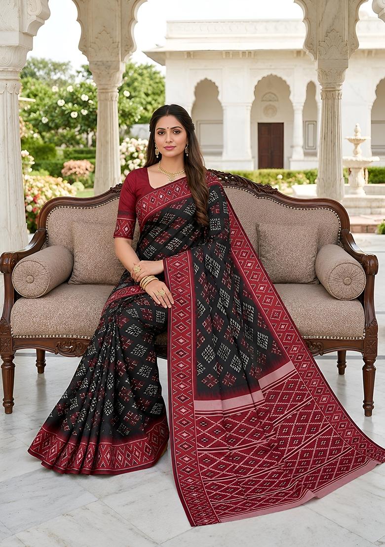 Black Woven Design Silk Saree Set - Indya