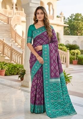Wine Woven Design Silk Saree Set