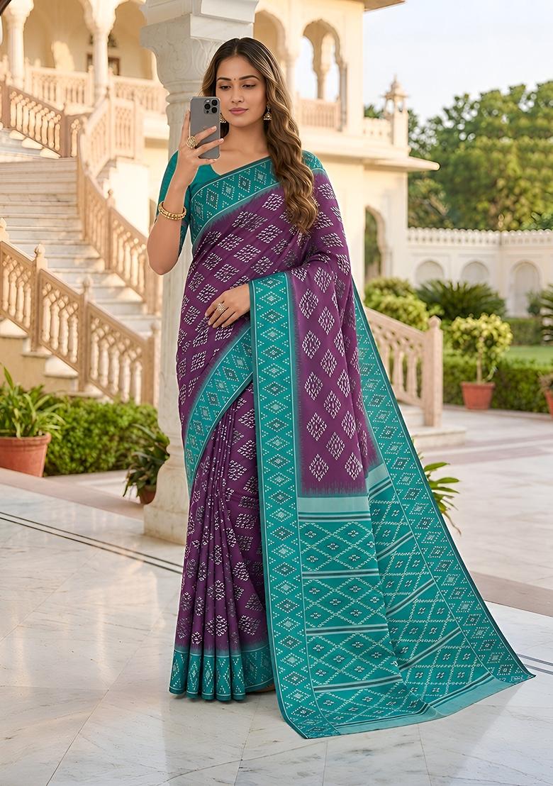 Wine Woven Design Silk Saree Set - Indya