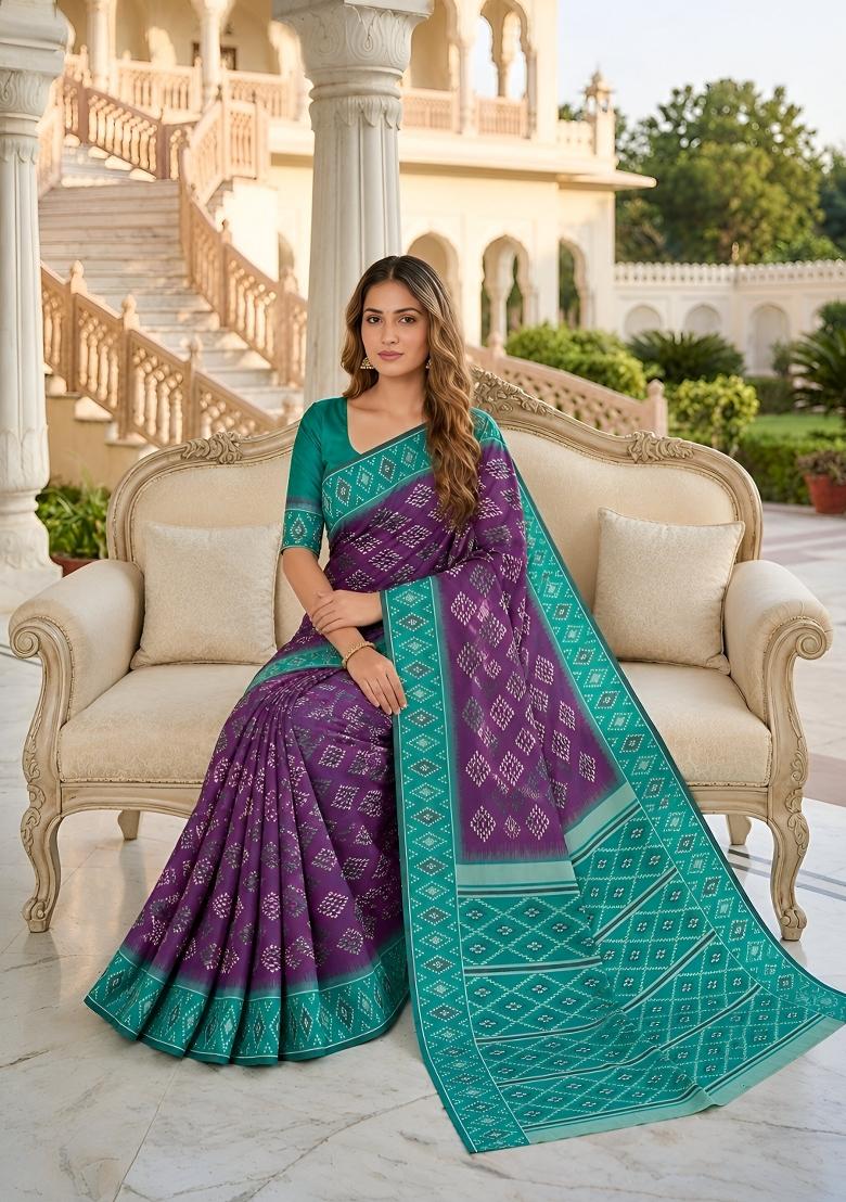 Wine Woven Design Silk Saree Set - Indya