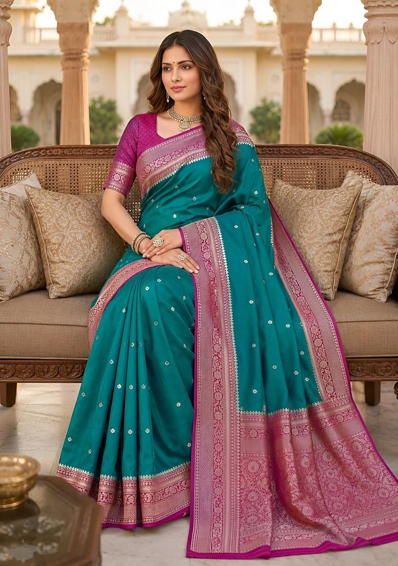 Sea Green Woven Design Banarasi Saree Set - Indya